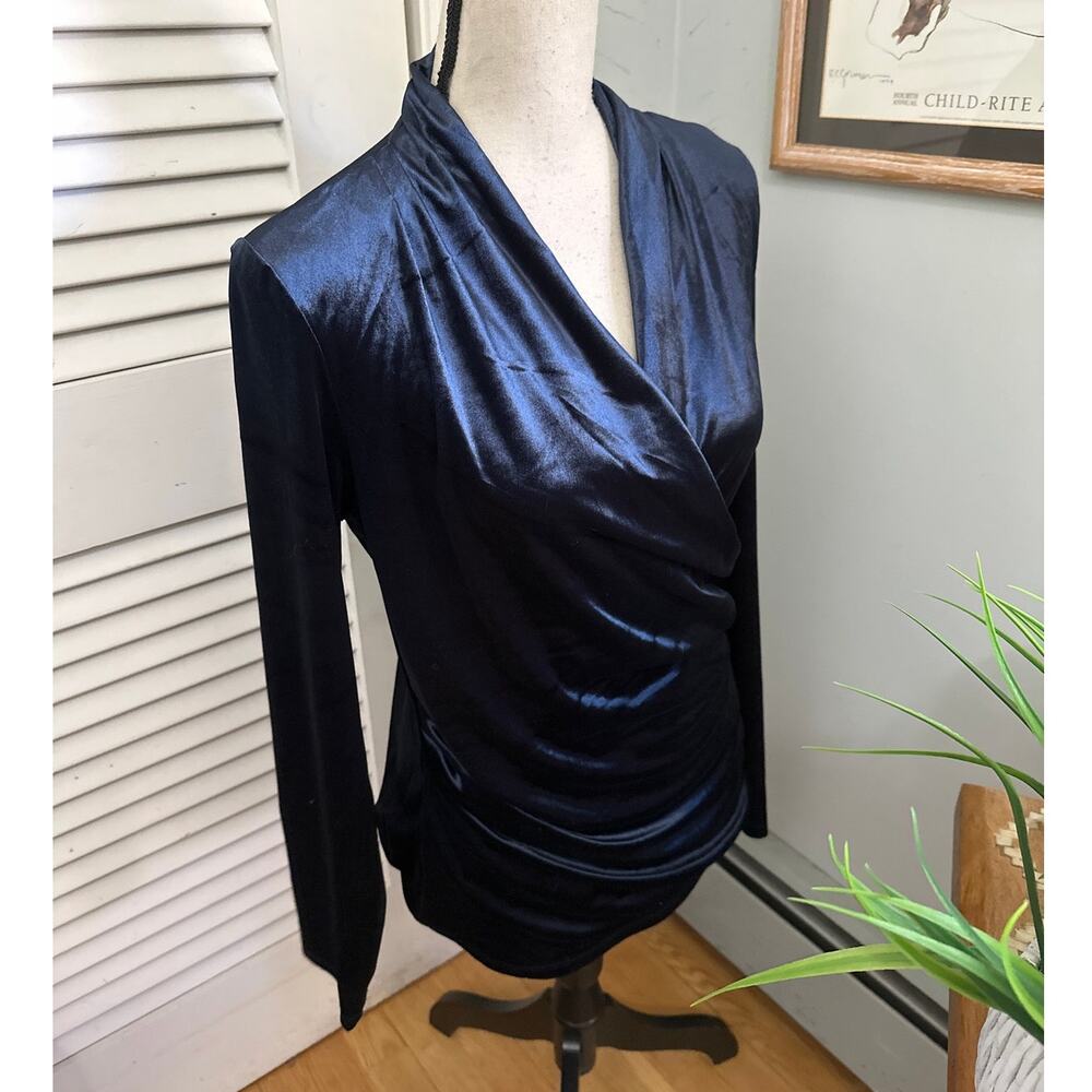 Tommy Hilfiger Top Womens Medium Blue Faux Wrap Velour Minimalist Holiday Chic
